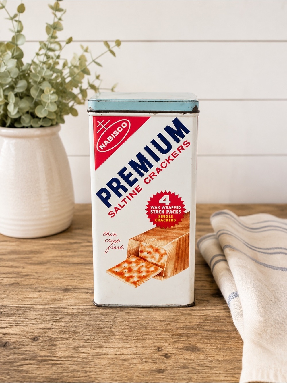 Nabisco Premium Saltine Crackers Tin Canister | White & Blue
